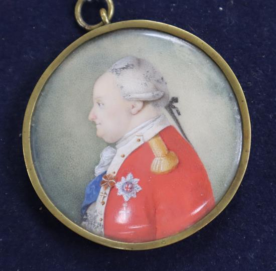 A late 18th / early 19th century oil on vellum?, miniature of Ferdinand Prinz von Braunschweig, 1721-1792, tondo 5.5cm